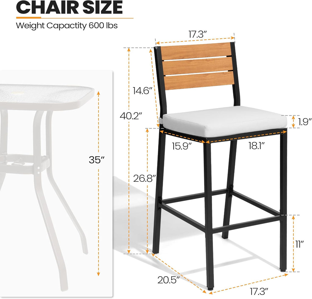 Outdoor Bar Stools Set of 4, Patio Counter Height Barstools with Cushions, Tall Chairs with Back and Footrest, Lawn