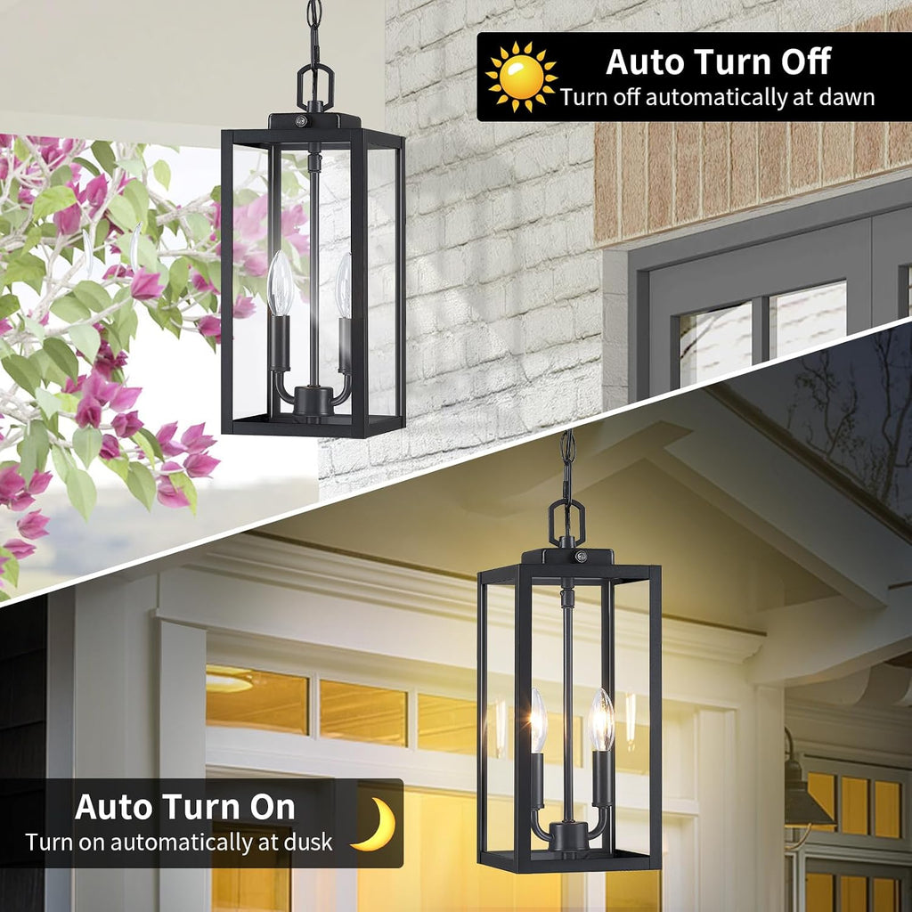 Large Outdoor Pendant Light 2-Light, 15'' Dusk to Dawn Modern Black Metal Outside Chandelier Exterior Hanging Fixture
