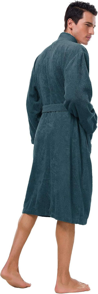 Men's Terry Cotton Robe, Absorbent Kimono Towel Bathrobe for Spa and Hotel, Soft Shower Calf Length Cloth with Pockets