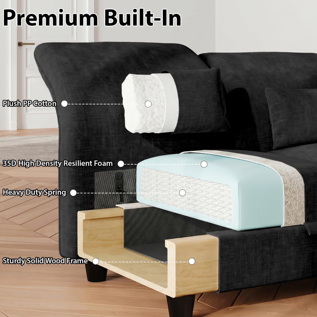 8 Seater Sectional Couches with Hidden Storage, Adjustable Armrest, Black Chenille Modular Sectional Sofa with Plush