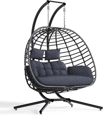 Double Egg Swing Chair with Stand, Outdoor Patio 2 Person Hanging Wicker Hammock Chairs with Cushion for Indoor