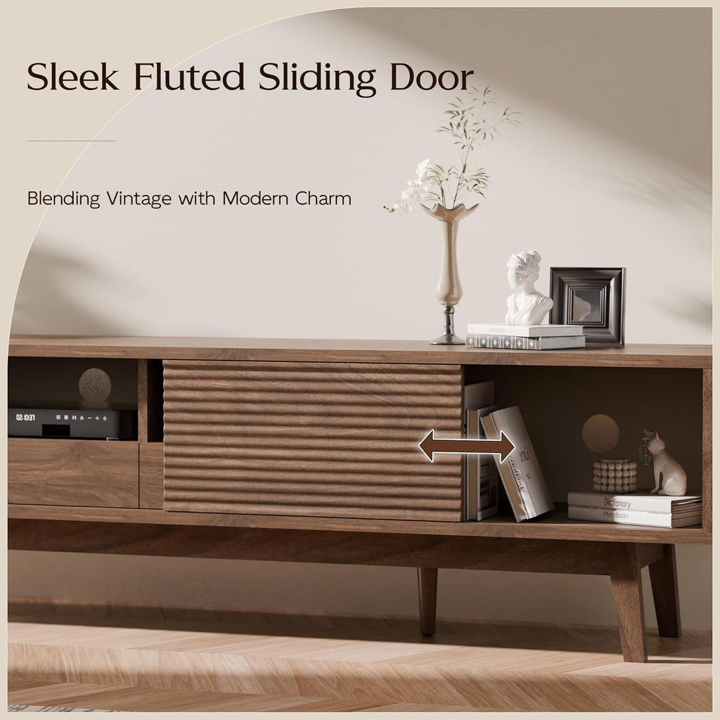 70" Mid Century Modern TV Stand for TVs up to 75 Inch, Low Profile Entertainment Center with Fluted Sliding Doors & Storage Drawers, Wood TV Console Table for Living Room, Walnut