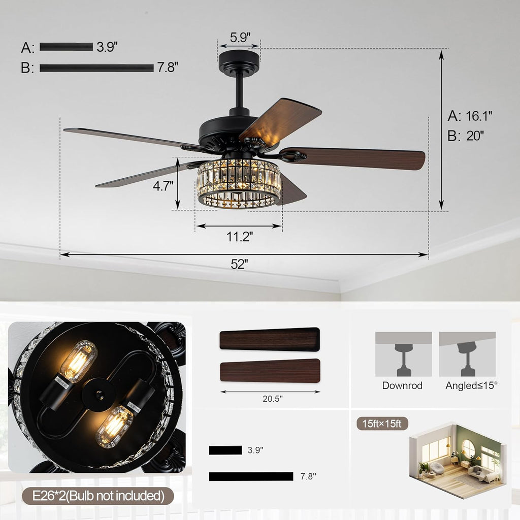 52" Black Crystal Ceiling Fan with Light, Modern Chandelier Fan with Remote
