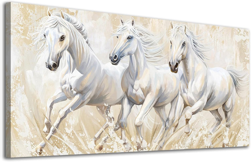 Horses Canvas Wall Art - Large Running Wild Horses Pictures Animal Painting Prints Inspirational White Elegant