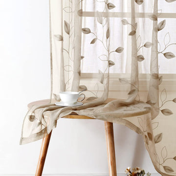 Taupe Sheer Curtains Leaf Embroidered, 52x84 Inch, 2 Panels