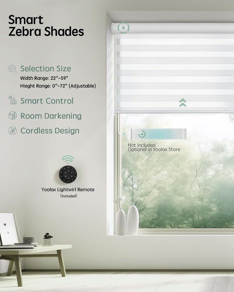 Motorized Zebra Blinds with Remote, Voice Control, 22" W x 72" H