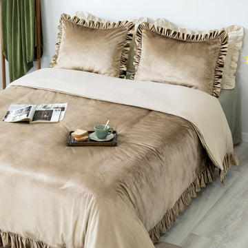 Velvet Duvet Cover Set Retro Ruffle Flounces Trim Luxurious Solid Light Camel Farmhouse Vintage Comforter Cover