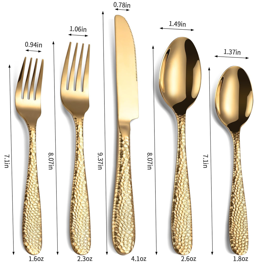 Gold Hammered Silverware Set, 40-Piece Heavy Duty Stainless Steel Flatware Sets for 8, Food-Grade Cutlery Set