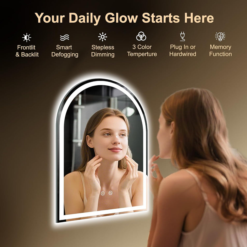 Arched LED Bathroom Mirror with Lights, 24"×32" Lighted Vanity Mirror for Bathroom, Smart Anti-Fog