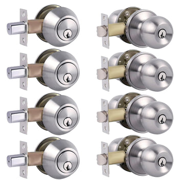 Single Cylinder Deadbolt Lock and Door Knob, Satin Nickel, 4pack-Set