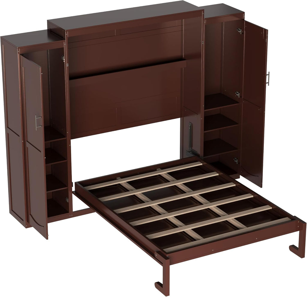 Full Vertical Murphy Bed with Wardrobe,Cabinet,and Storage Shelves,Wood Foldable Hidden Murphy Wall Bed for Adults