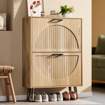 Farmhouse Shoe Cabinet Storage , Slim Shoe Rack Cabinet with 2 Flip Drawers, Narrow Shoe Organizer Cabinet with