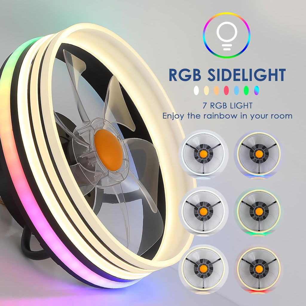 Flush Mount Ceiling Fan with RGB Light - 13“ Small Bladeless Ceiling Fan Light with Reversible Mute Motor, RGB LED Dimmable, Low Profile Enclosed Ceiling Fans for Indoor, Kids Room, Party