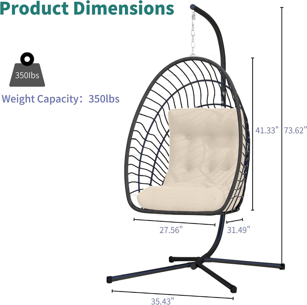 Hanging Egg Chair with Stand Indoor Outdoor, Foldable Rattan Wicker Hammock Egg Swing Chair Porch Patio Garden