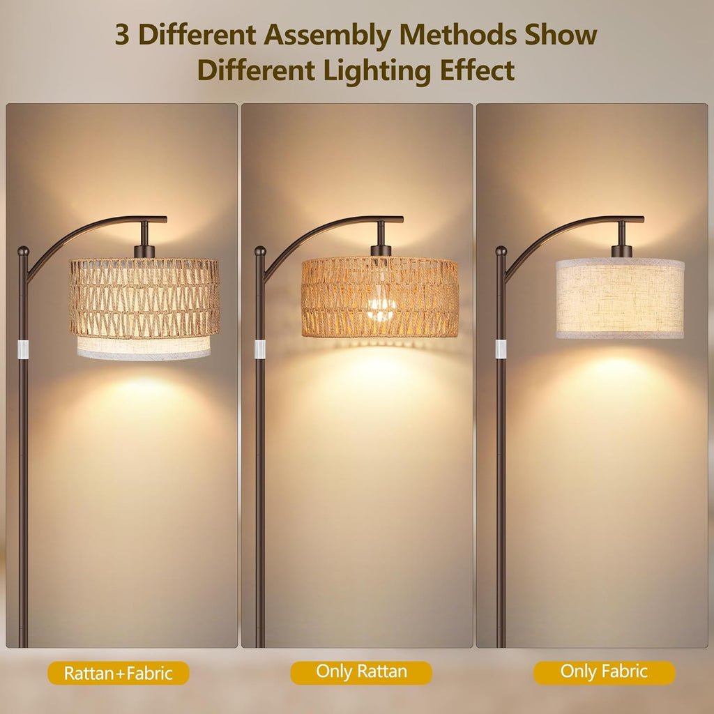Arc Floor Lamps, Boho Farmhouse Floor Lamp with Remote & Dimmable Bulb, Standing Lamp with Rattan & Fabric Shades