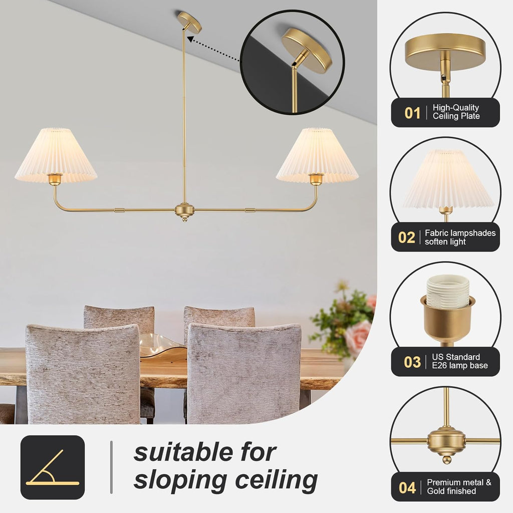 2-Light Gold Linear Chandelier with White Fabric Shade | 55" Modern Dining Room Light Fixture, Kitchen Island