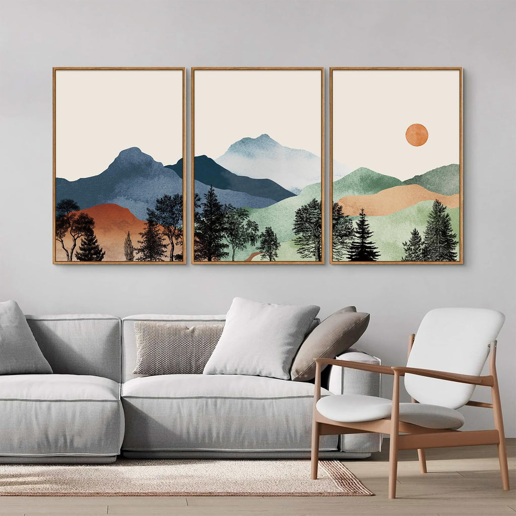 Boho Mountain Framed Canvas Wall Art Set of 3, Watercolor Nature Landscape Art Prints, Modern Sunrise Art Paintings