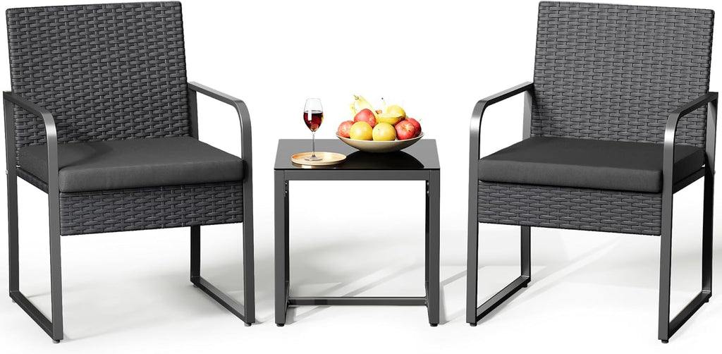3 Pieces Patio Bistro Sets, Outdoor Rattan Conversation with Glass Table, Wicker Furniture Set with Cushion