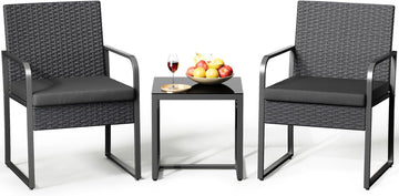 3 Pieces Patio Bistro Sets, Outdoor Rattan Conversation with Glass Table, Wicker Furniture Set with Cushion