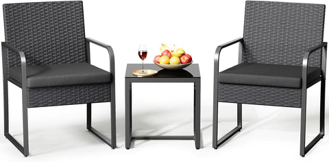 3 Pieces Patio Bistro Sets, Outdoor Rattan Conversation with Glass Table, Wicker Furniture Set with Cushion