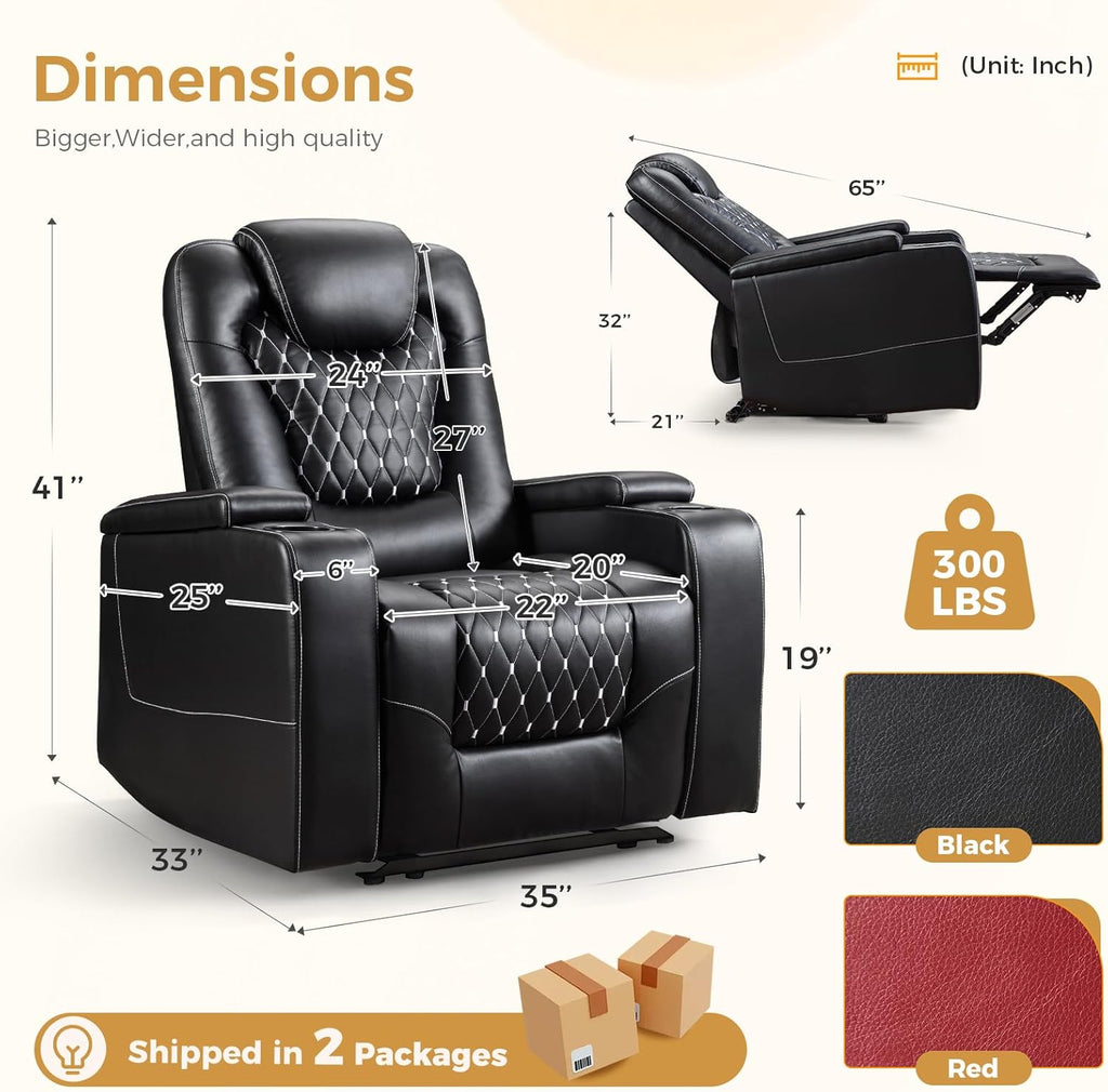 Power Recliner Chair with USB Ports and Cup Holders - Overstuffed Electric Home Theater Seating PU Leather Reclining Furniture with Hidden Arm Storage, Easy to Clean (Black)