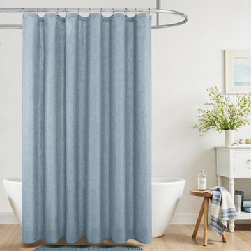 Light Blue Shower Curtain Liner Linen Fabric Waterproof Washable Pretty Boho Vintage Shower Curtains Decor with