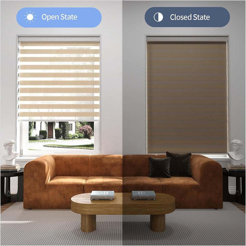 Zebra Blinds for Windows (34" W x 72" H, Light Brown) Zebra Roller Window Shades, Corded Dual Layer Light Filtering