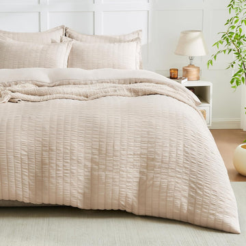 Beige Duvet Cover, Super Soft Seersucker Duvet Cover Set, 3-Piece Lightweight Duvet Cover with Zipper