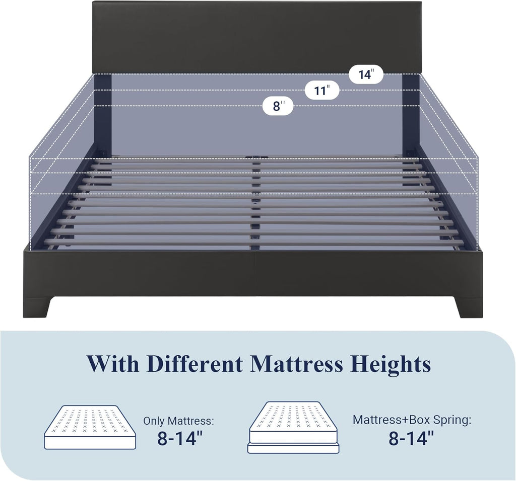 Queen Bed Frame with Adjustable Headboard, Faux Leather Platform Bed with Wood Slats, Heavy Duty Mattress Foundation