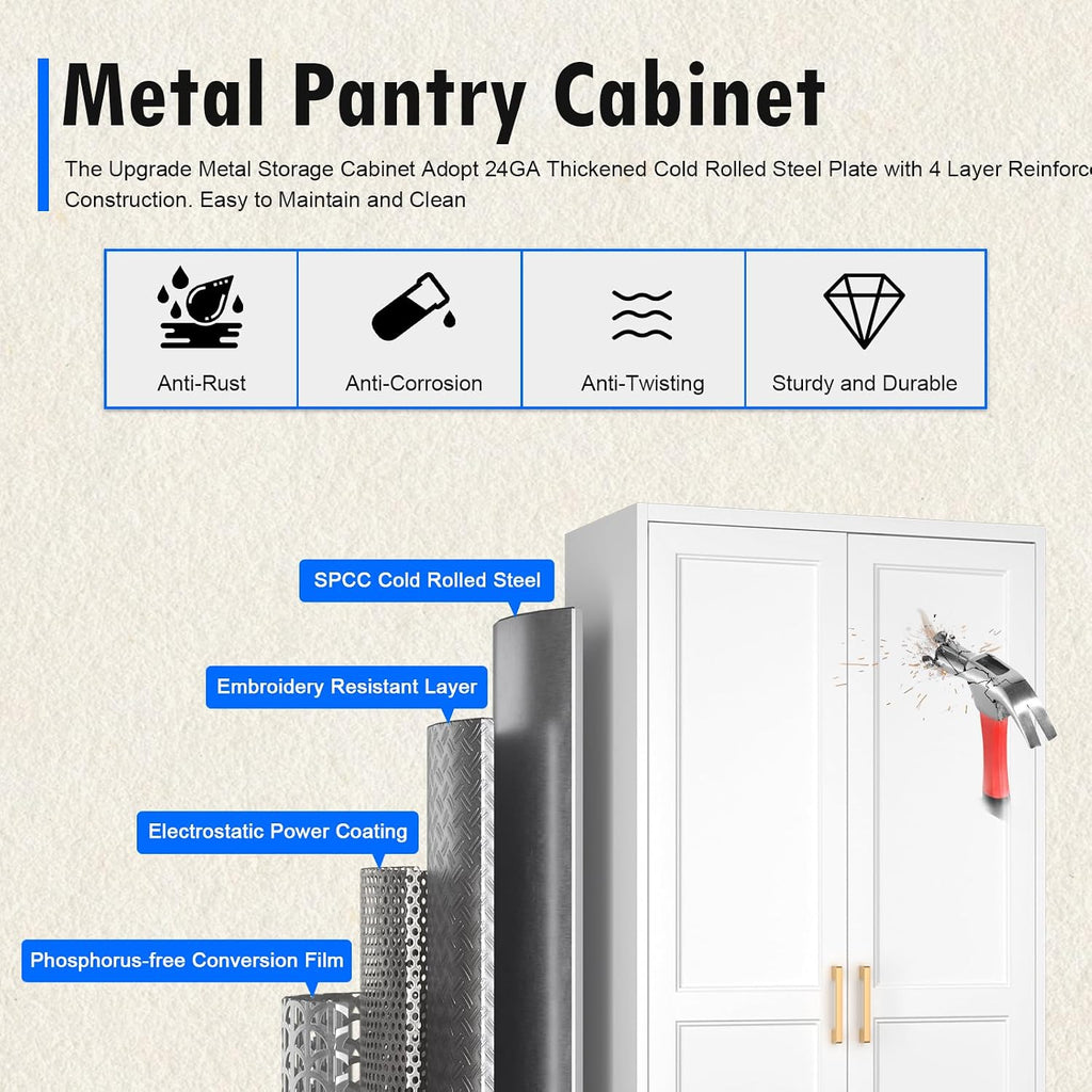 71" White Metal Kitchen Pantry Storage Cabinet with Doors and Shelves | Tall Freestanding Cupboard, 5-Tier Heavy
