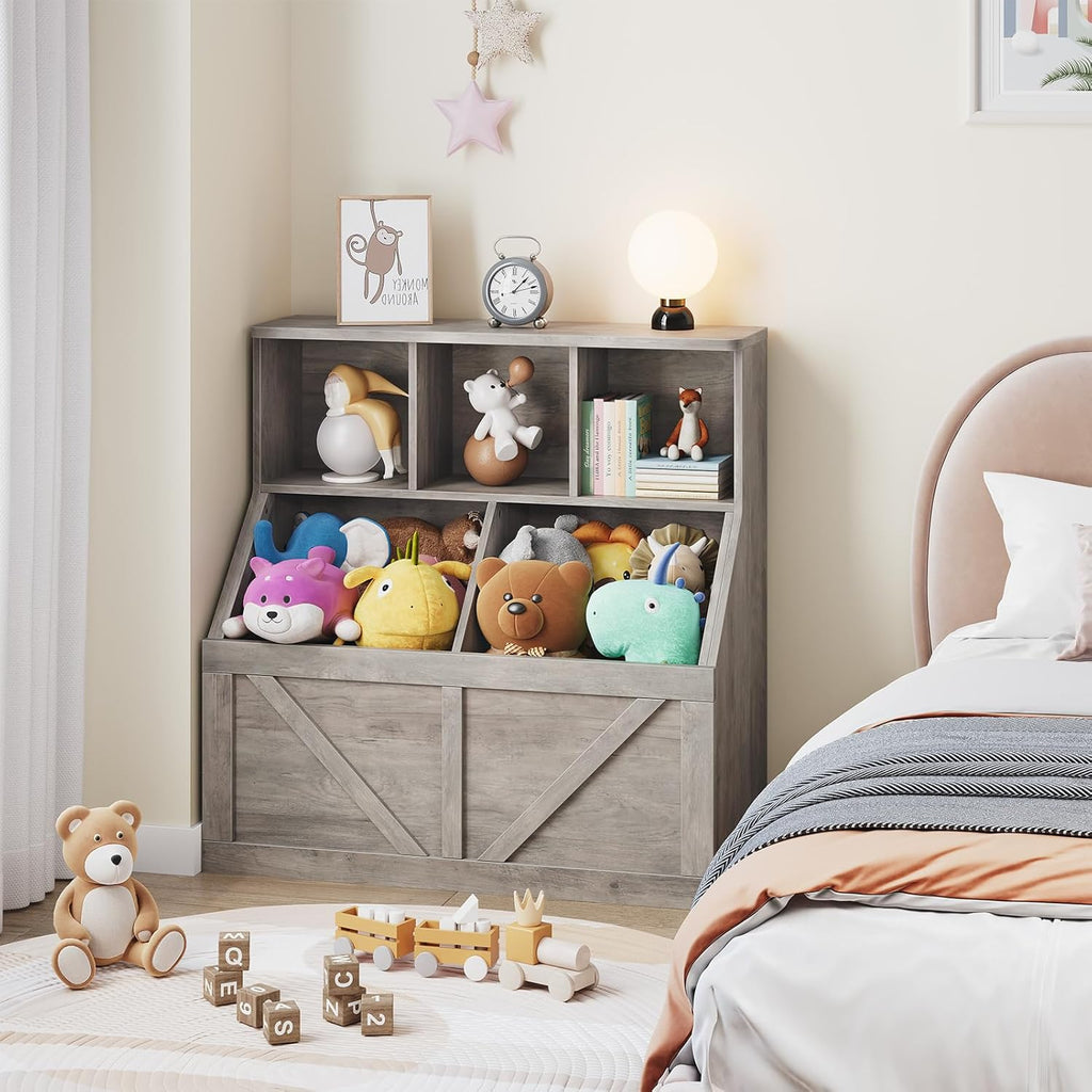 Kids Bookshelf and Toy Storage, Kids Toy Storage Organizer, Washed Grey | Toy Organizer with Storage Cabinet and