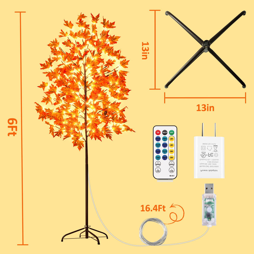 6FT Maple Tree Light - Thanksgiving Decor Artificial Tree with Pumpkins, Acorns, Remote 8 Flashing Modes