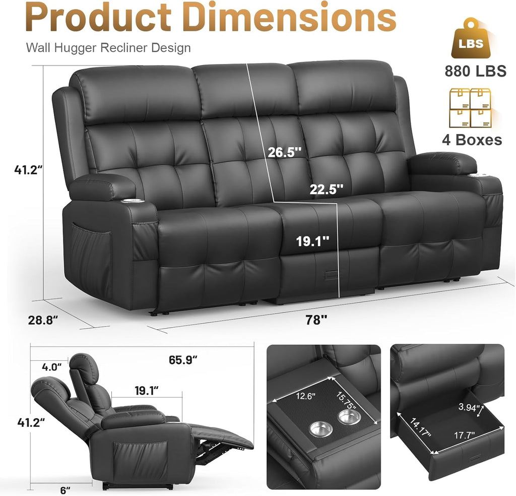 3-Seater Loveseat Recliner Sofa, Home Theater Seating Reclining Couch with Flip Middle Backrest
