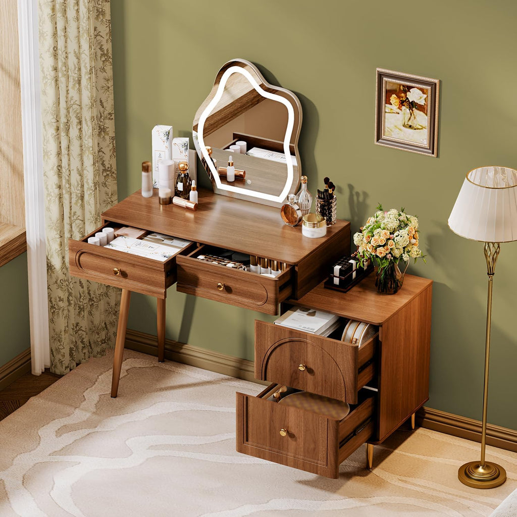 Walnut Stylish Corner Makeup Vanity Table,Vanity Desk with Lighted Mirror and 4 Spacious Drawers,Bedroom Essential