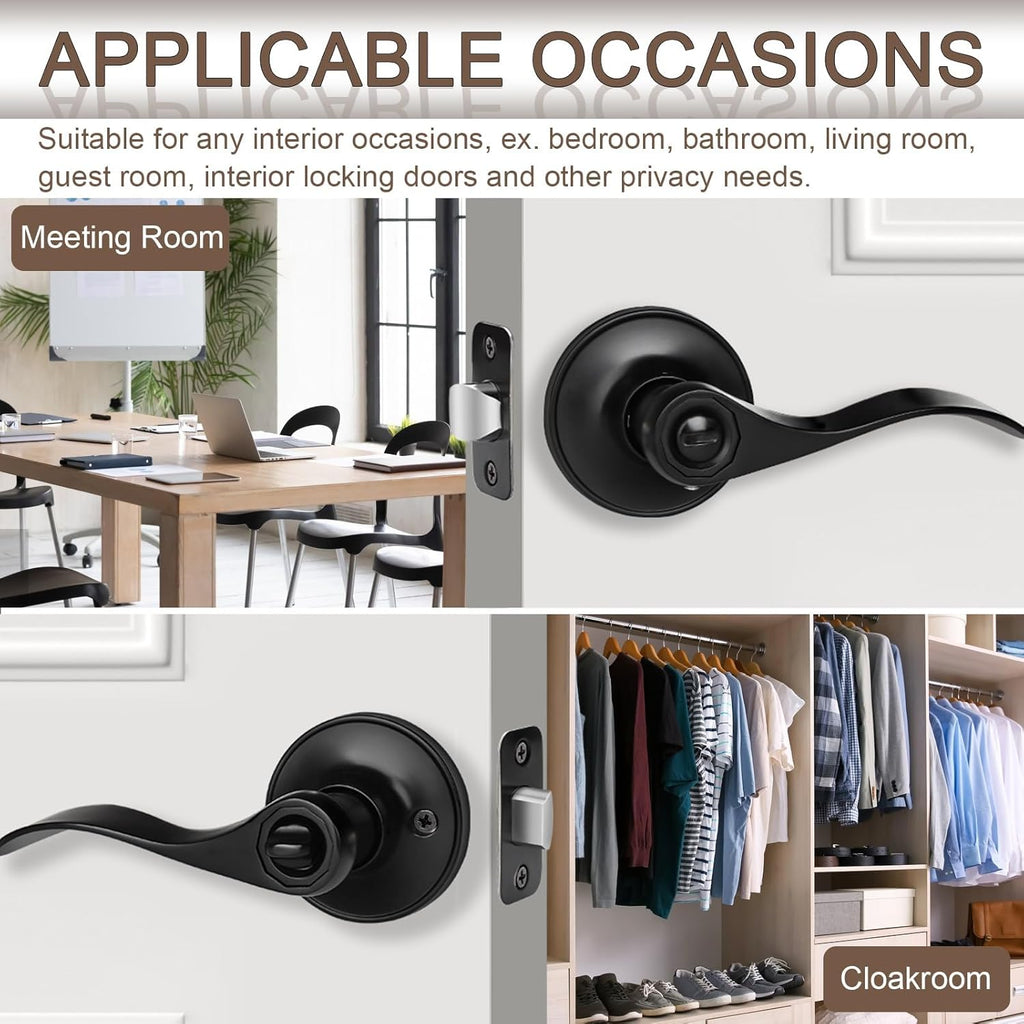 6 Pack Matte Black Door Handles Privacy Door Levers, Heavy Duty Wave Style Bed/Bath Door Locks Interior Door Knobs