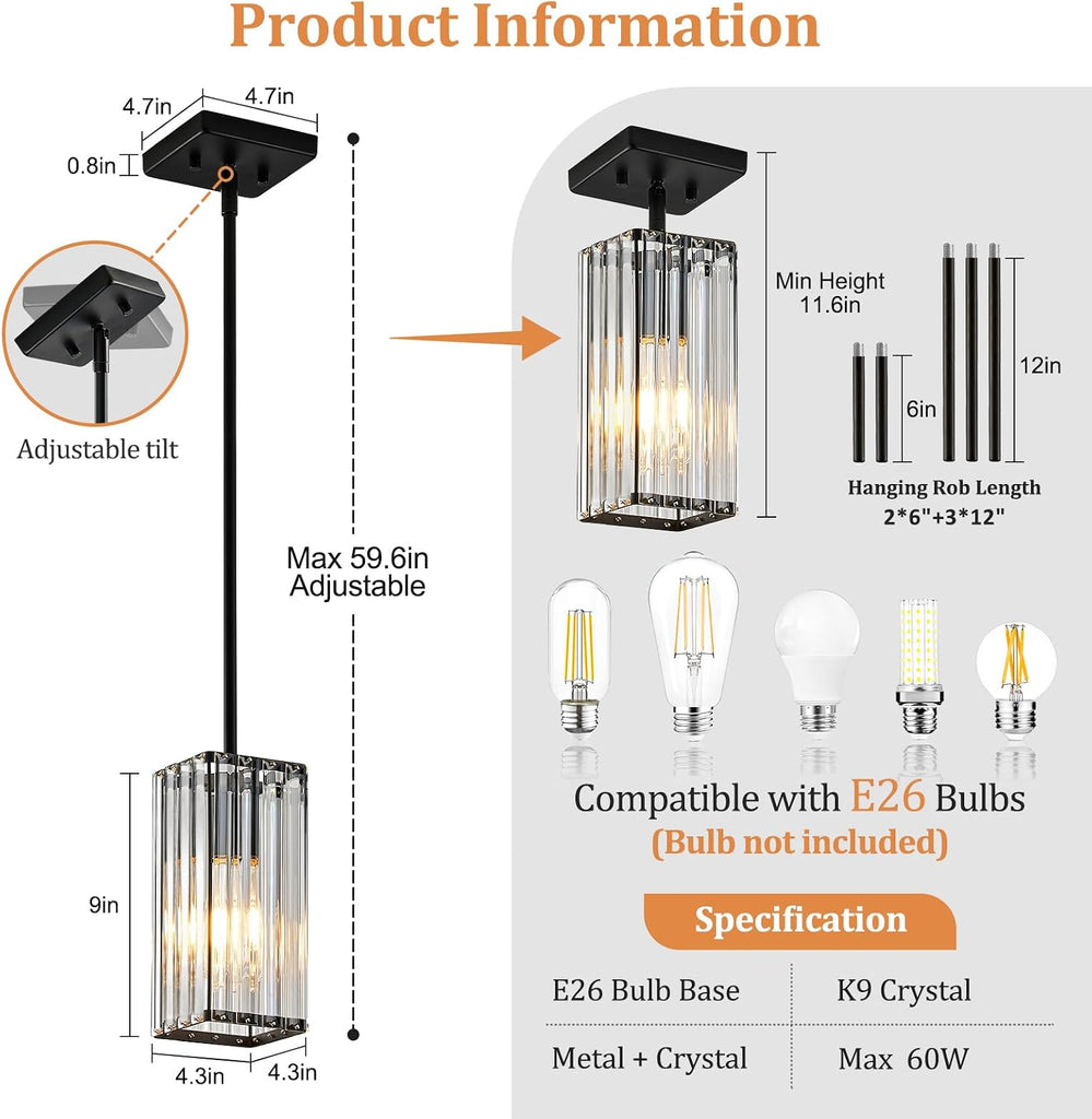 Modern Crystal Pendant Lights Kitchen Island, 3-Pack Black Hanging Light with Clear Crystal Shade, Adjustable Height