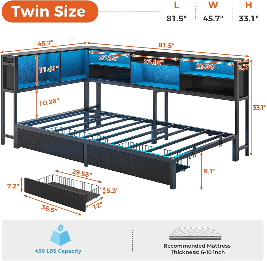 Corner Twin Bed Frame with Bookcase Storage and Led Lights Metal Platform Bed Frame with 2 Drawers and Charging