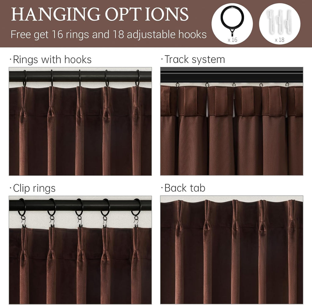 Dark Brown Velvet Blackout Curatins 2 Panels Heavy Thick Vintage Luxury Pinch Pleated Curtain Drapes with Hooks Rings for Living Room Bedrooom,Chocolate Home Decor