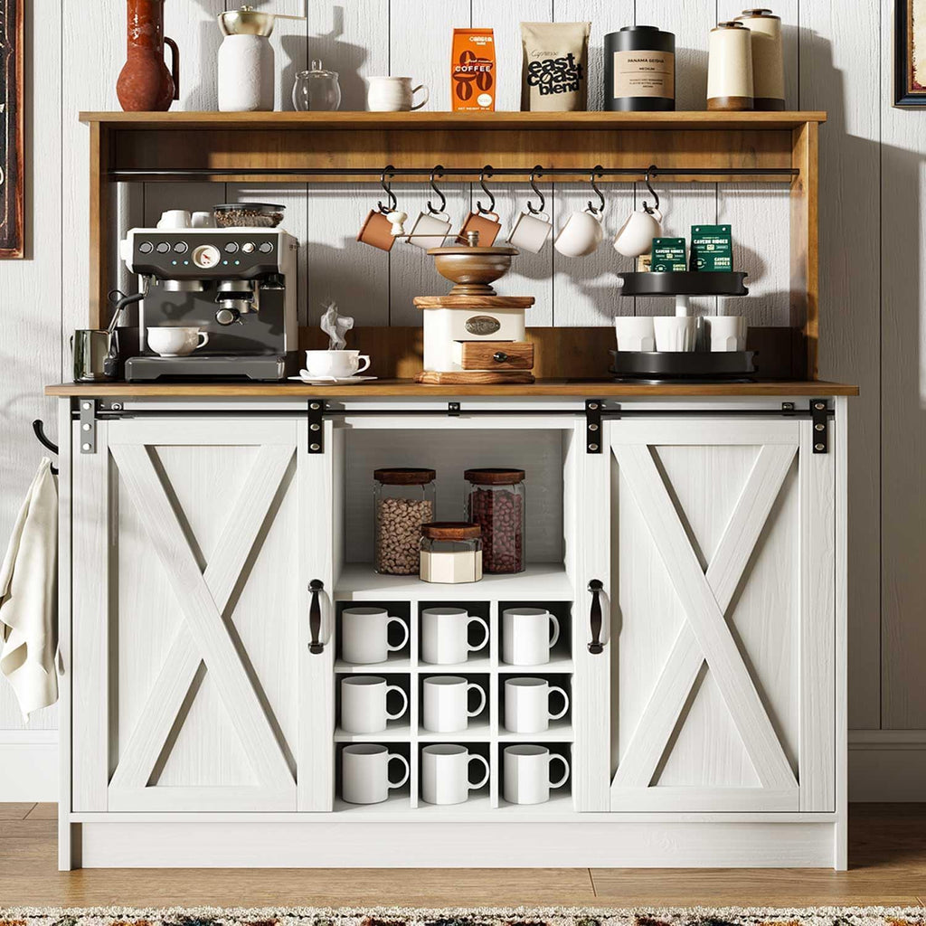 Farmhouse Coffee Bar Cabinet with Storage, 47'' Buffet Cabinet with Hutch and Sliding Barn Door
