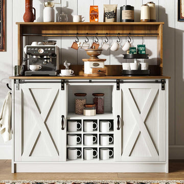 Farmhouse Coffee Bar Cabinet with Storage, 47'' Buffet Cabinet with Hutch and Sliding Barn Door