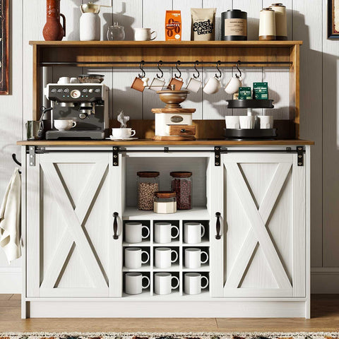 Farmhouse Coffee Bar Cabinet with Storage, 47'' Buffet Cabinet with Hutch and Sliding Barn Door