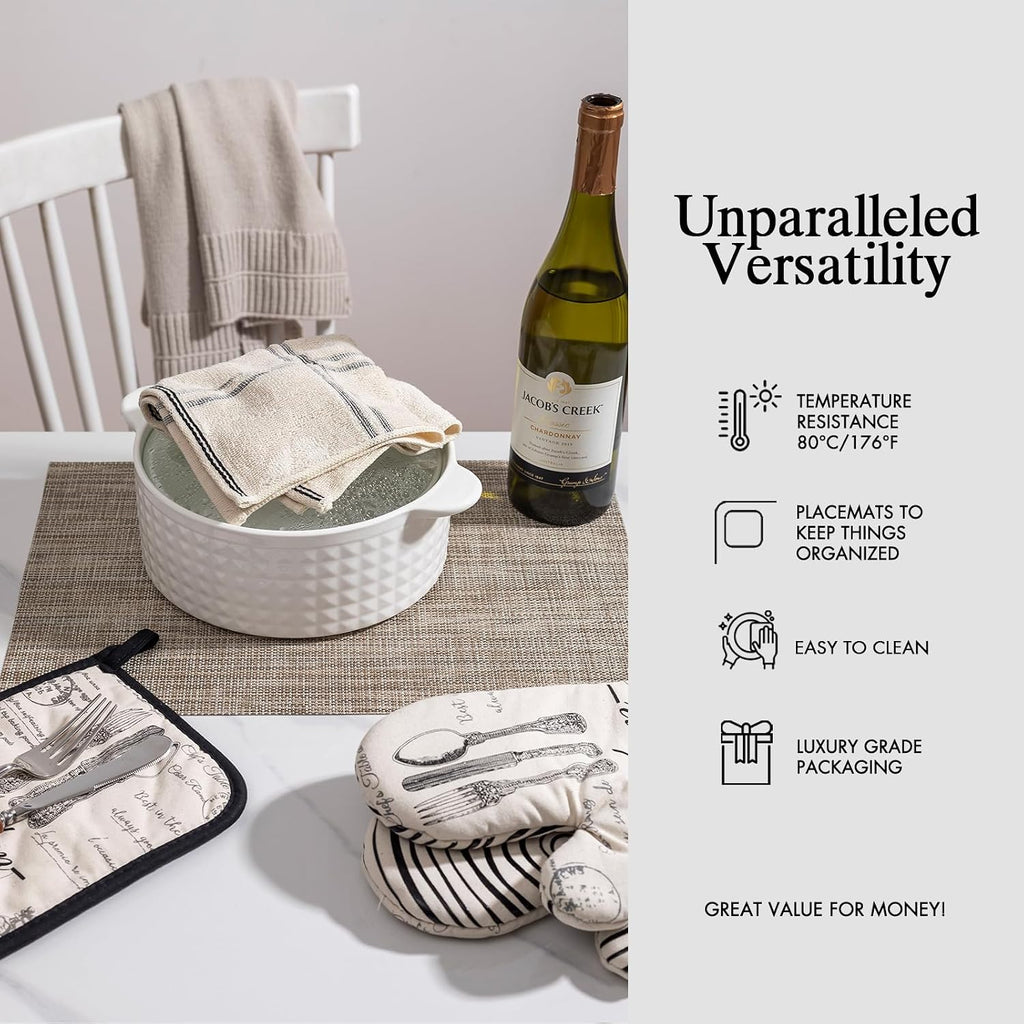 Placemats - Easy Clean Woven Vinyl Placemats for Dining Table, Indoor/Outdoor Place Mats, Washable PVC Table - Set of 6
