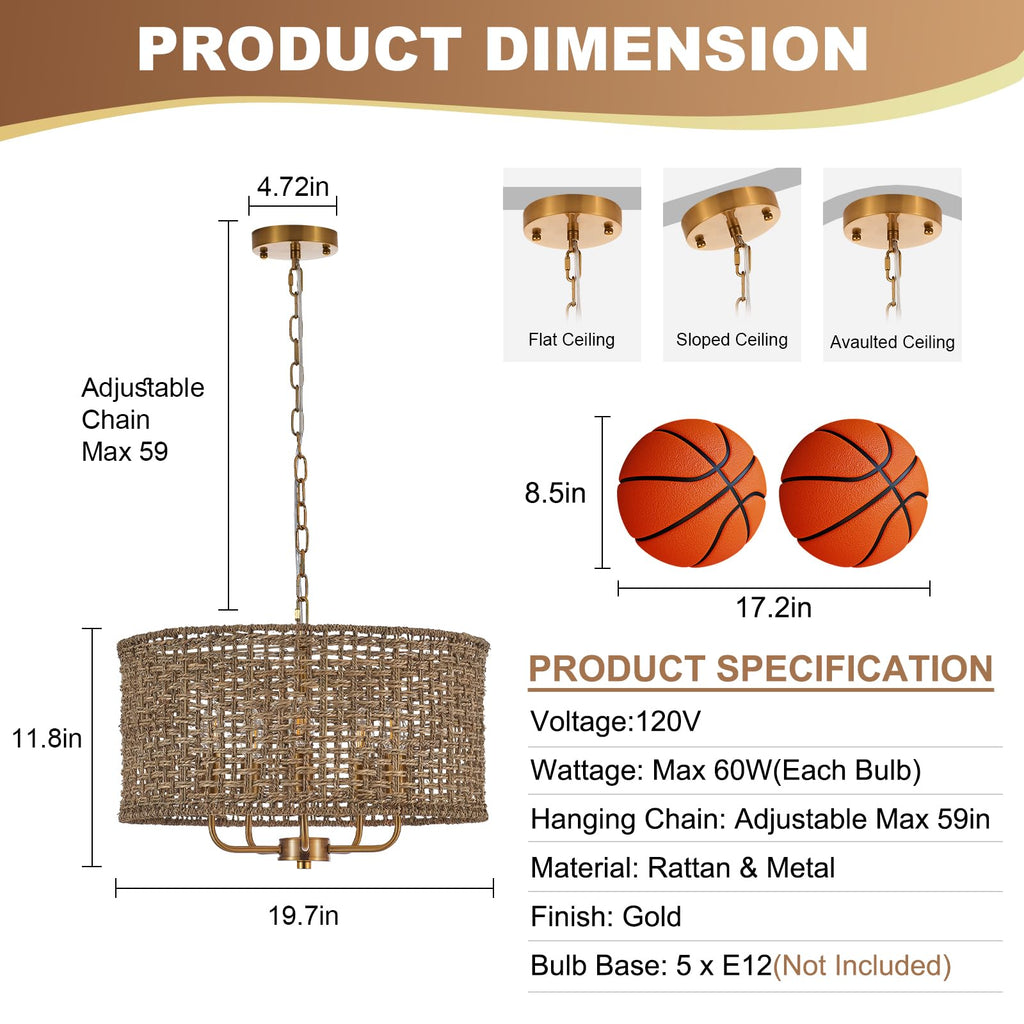 19.7" Gold Rattan Chandelier, 5-Light Boho Wicker Light Fixture