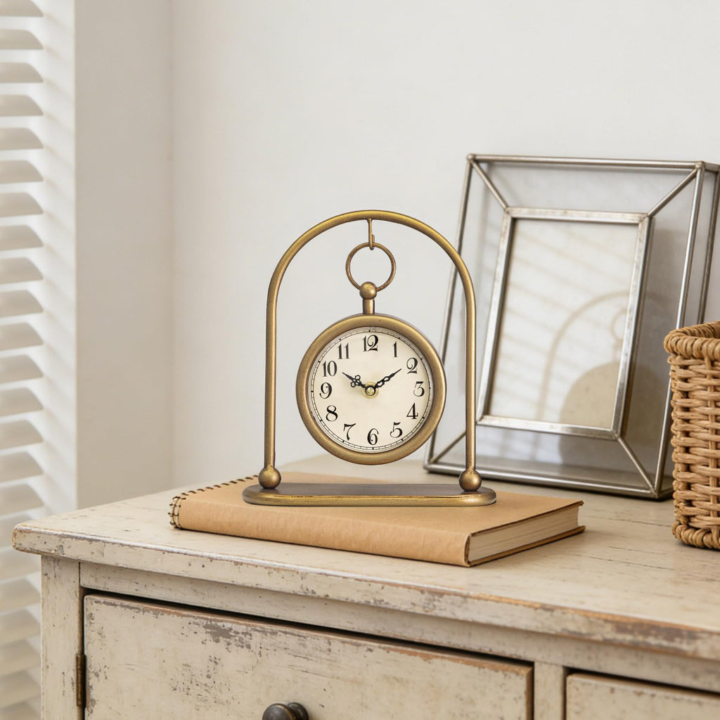 Vintage Small Gold Table Clock, Farmhouse Table Clock, Silent Non-Ticking Battery Operated Desk and Shelf Clocks