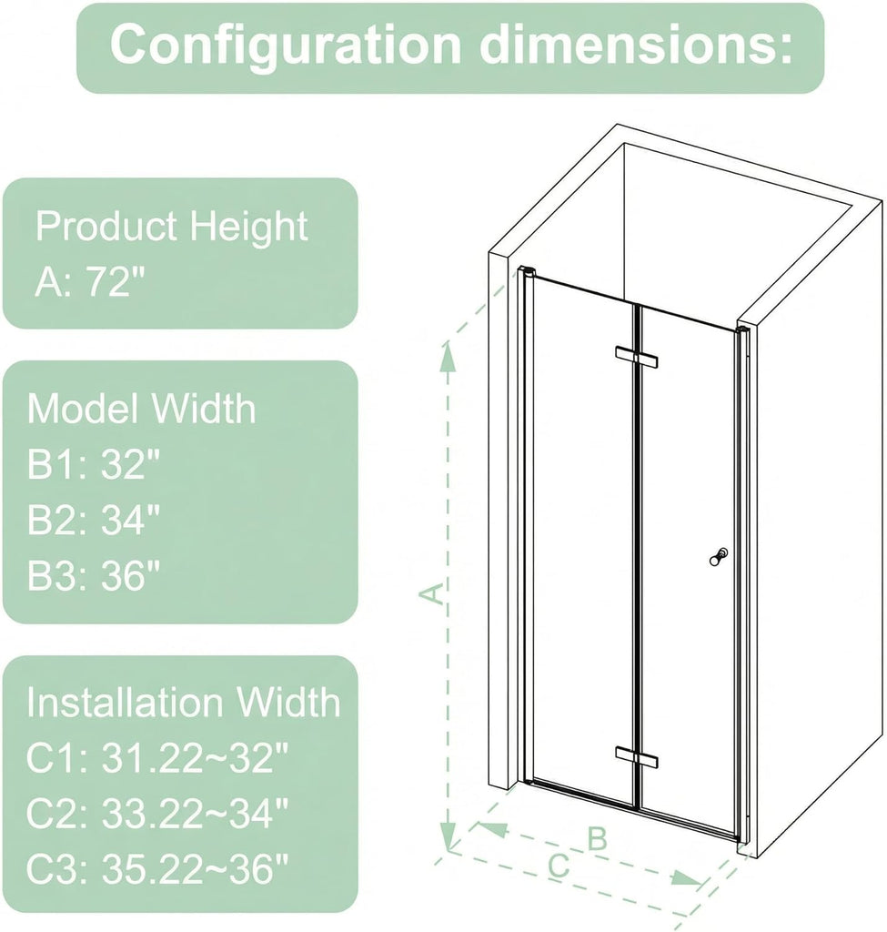 34" W × 72" H Bifold Shower Door, Semi - Frameless Folding Bathroom Glass Shower Doors