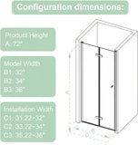34" W × 72" H Bifold Shower Door, Semi - Frameless Folding Bathroom Glass Shower Doors