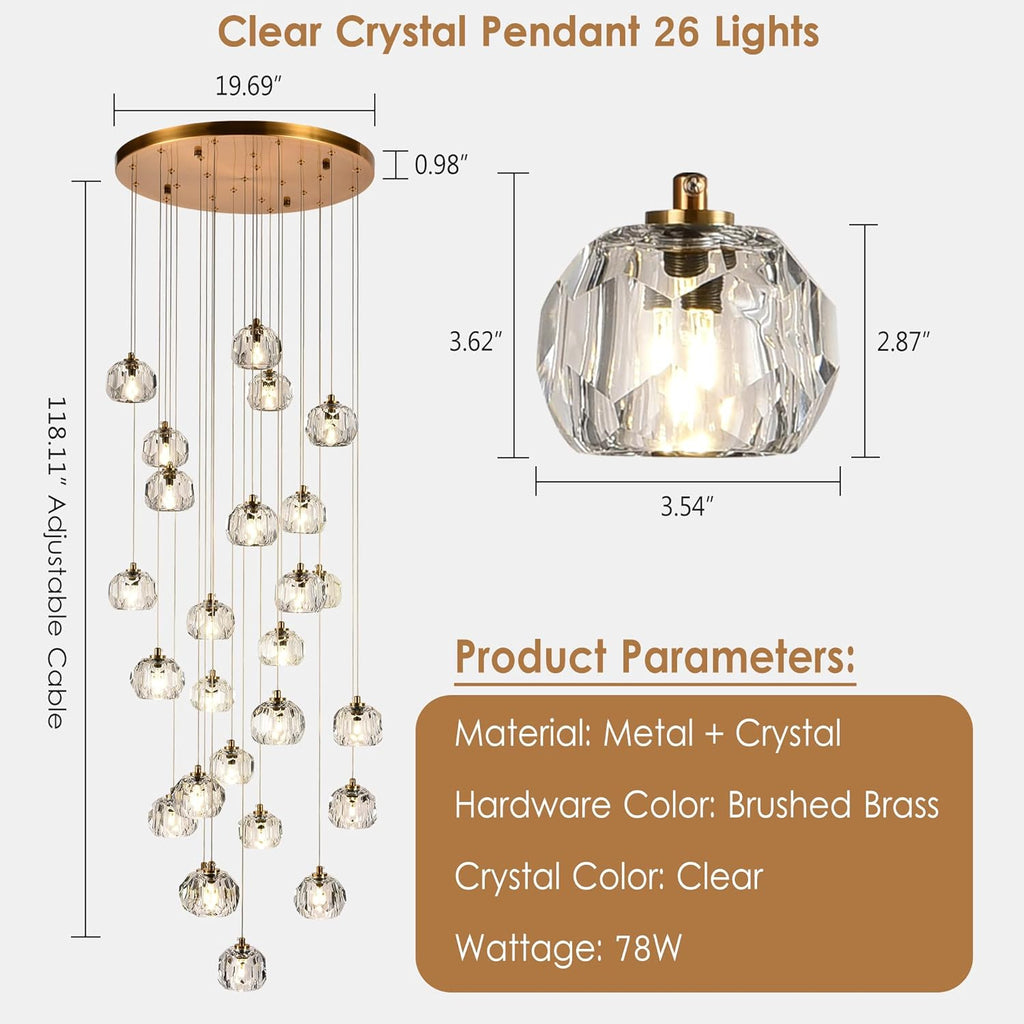 26-Light Crystal Chandeliers Long, 78W Staircase Raindrop Chandelier for High Ceiling Brass, Clear Crystal Pendants Large Ceiling Chandelier Lighting for Living Room Foyer