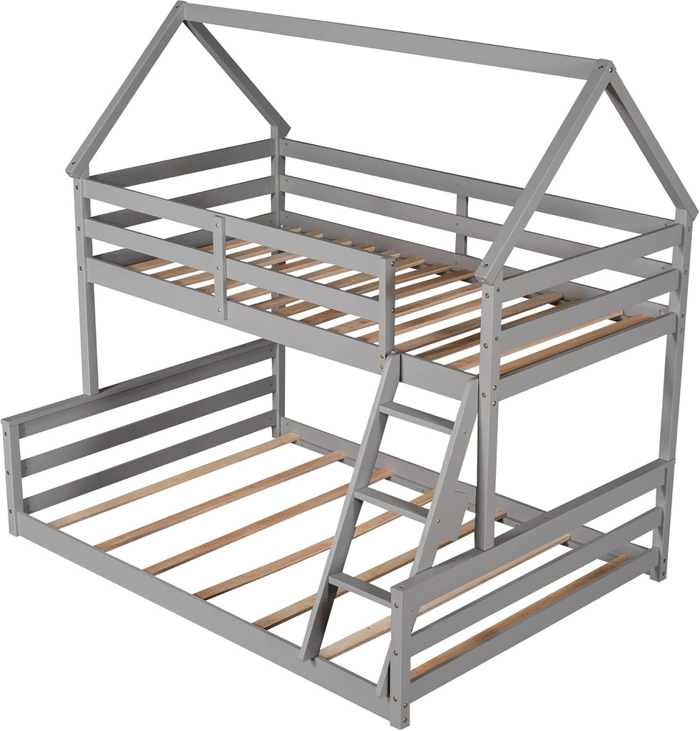 House Floor Bunk Bed with Ladder Twin Over Full,Wood Low Bunk Bed for Kids Juniors