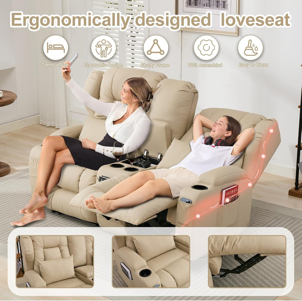 65.5" RV Loveseat Recliner Double Recliner RV Sofa & Console | Wall Hugger Loveseat Reclining RV | RV Theater