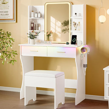 Makeup Vanity Desk with LED Lights and Mirror, Vanity Table Set with Charging Station&Cushioned Stool, 3 Lighting
